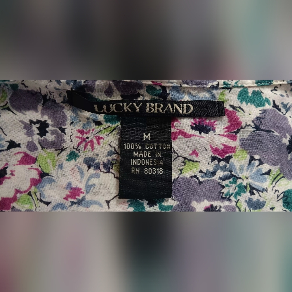 Lucky Brand White Floral Button-Down Shirt with Red & Green Accents - Picture 2 of 4